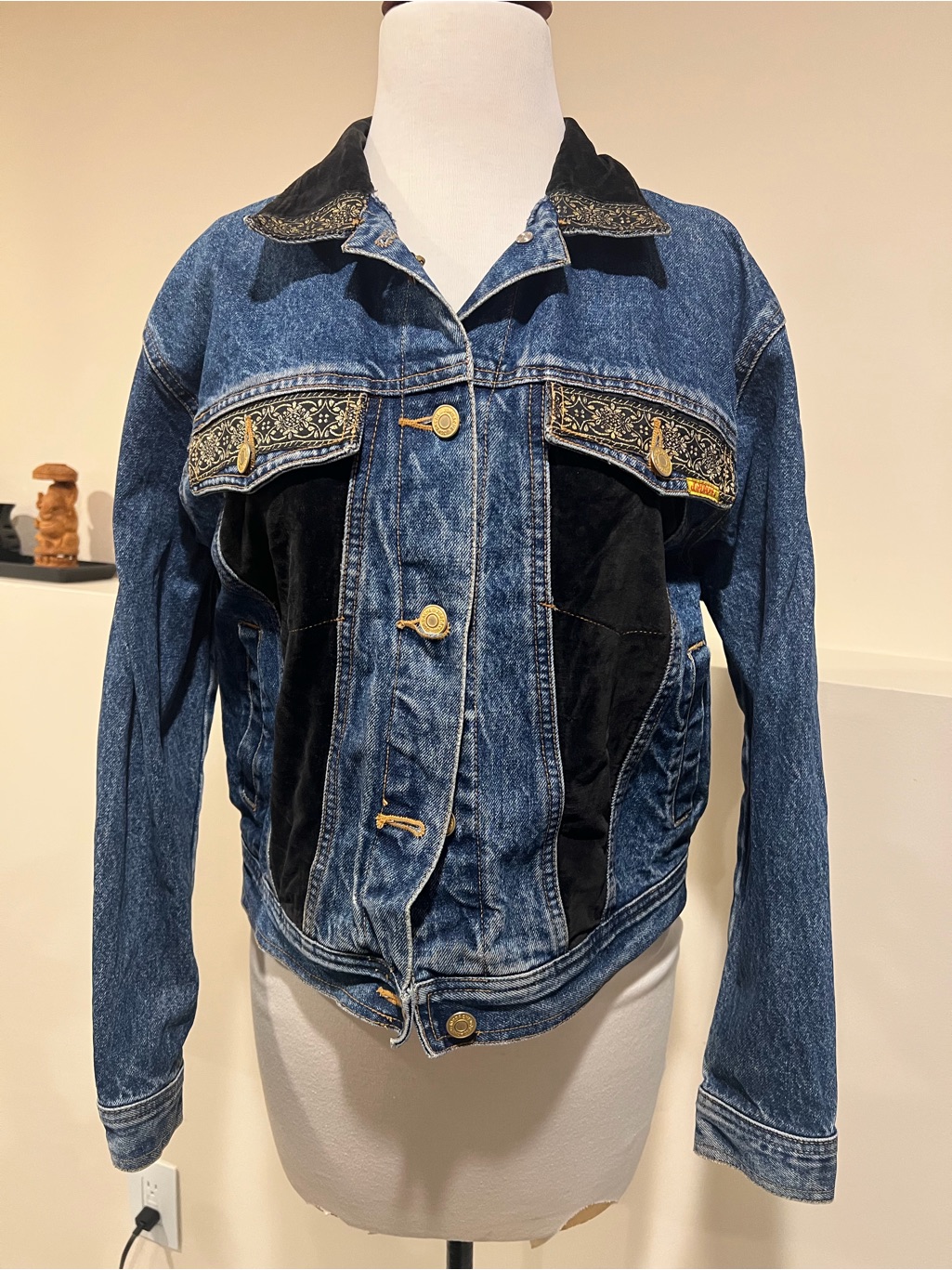Vintage Jordache Blue Denim Jacket With Black Velvet Panels Gold Embroidery
